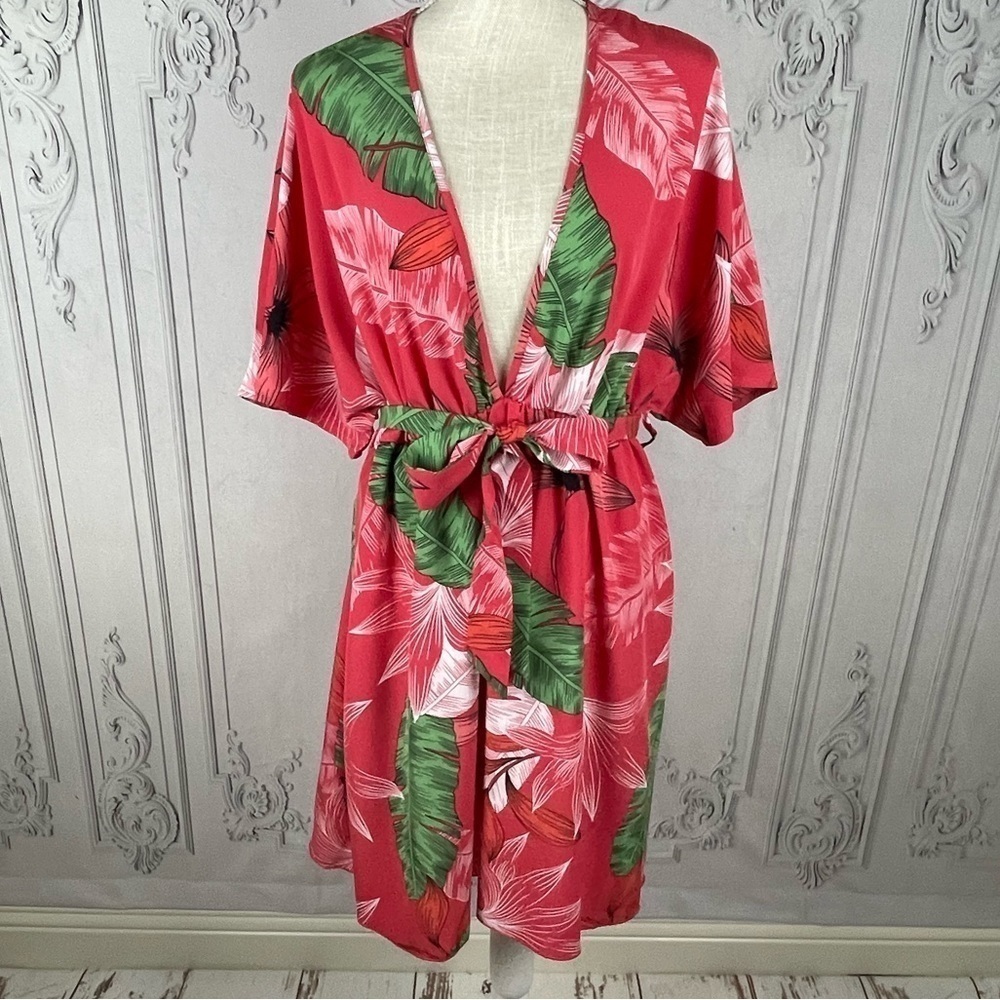 Tropical Print Dolman Sleeve Plunging Neck Belted Dress - Picture 6 of 9